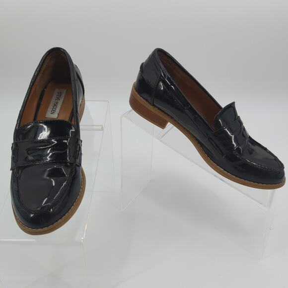 Steve Madden Patent Leather Penny Loafers Black Mellany Size 7 Stacked Heel - Picture 1 of 11